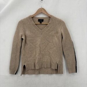 J Crew Sweater Womens Small Tan Cashmere Blend V Neck Leather Trim Elbow Patches